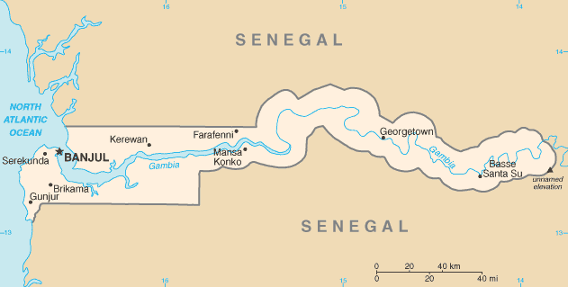 Map of The Gambia with Younus Daara marked
